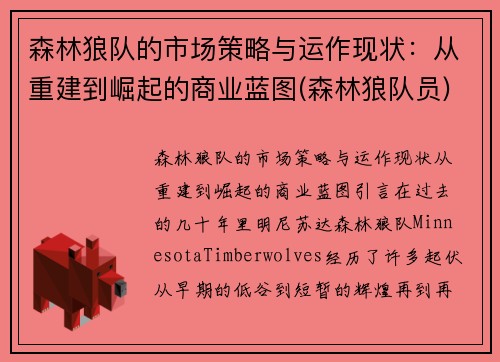 森林狼队的市场策略与运作现状：从重建到崛起的商业蓝图(森林狼队员)
