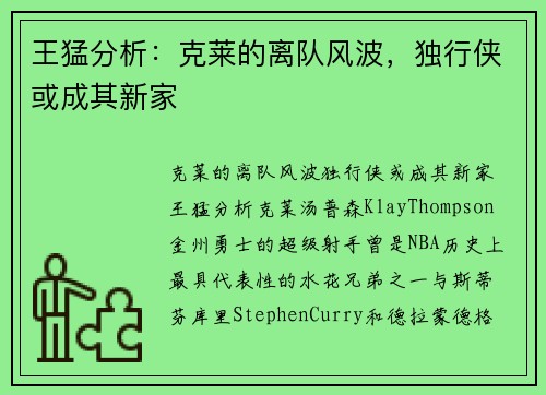 王猛分析：克莱的离队风波，独行侠或成其新家